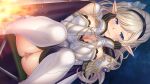  1girl bangs blonde_hair blue_eyes blush boots breasts censored cleavage dutch_angle elbow_gloves elf_no_oyome-san_~harem_kon_suishou~ eyebrows_visible_through_hair game_cg gloves hairband head_rest large_breasts long_hair long_pointy_ears mochizuki_nozomu mosaic_censoring no_panties official_art photoshop_(medium) pointy_ears pussy simple_background smile solo thigh_boots thighhighs 