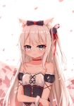  1girl absurdres animal_ears azur_lane bangs bare_shoulders bow breasts cat_ears cat_hair_ornament cleavage collarbone commentary_request detached_sleeves eyebrows_visible_through_hair hair_bow hair_ornament hair_ribbon hammann_(azur_lane) highres long_hair looking_at_viewer n_(527959851) one_side_up petals retrofit_(azur_lane) ribbon sidelocks silver_eyes simple_background small_breasts solo tears wavy_mouth white_background white_hair wrist_cuffs 