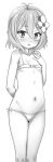  1girl :d antenna_hair arm_behind_back bangs bare_arms bare_shoulders bikini blush bow bow_bikini breasts collarbone commentary_request eyebrows_visible_through_hair feet_out_of_frame flower greyscale hair_between_eyes hair_flower hair_ornament hand_up highres kokkoro_(princess_connect!) looking_at_viewer monochrome navel open_mouth pointy_ears princess_connect! short_eyebrows simple_background small_breasts smile solo standing swimsuit testa thick_eyebrows white_background 