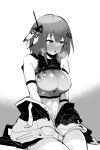  1girl :o arknights arm_strap bare_shoulders blush breasts collared_shirt condom condom_belt crop_top cum cum_on_clothes facial greyscale greythroat_(arknights) hair_ornament heavy_breathing highres jacket large_breasts looking_away medium_hair midriff monochrome navel nose_blush off_shoulder open_clothes open_jacket open_mouth retri shirt sitting sleeveless sleeveless_shirt solo stomach sweat used_condom 