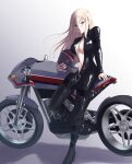  1girl absurdres alternate_costume anya_(artist) biker_clothes bikesuit bismarck_(kancolle) black_bodysuit blonde_hair blue_eyes bodysuit breasts full-length_zipper full_body ground_vehicle helmet highres kantai_collection large_breasts long_hair motor_vehicle motorcycle motorcycle_helmet skin_tight solo standing unzipped zipper 