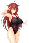  1girl black_swimsuit breasts brown_eyes brown_hair cleavage competition_swimsuit covered_navel cowboy_shot hair_flaps hairband highleg highleg_swimsuit highres kantai_collection large_breasts long_hair looking_at_viewer montemasa one-hour_drawing_challenge one-piece_swimsuit red_hairband remodel_(kantai_collection) salute shiratsuyu_(kancolle) simple_background solo swimsuit white_background 