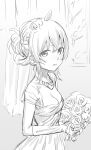  1girl ahoge blush braid breasts character_request cleavage closed_mouth copyright_request dress flower from_side gishu gloves greyscale hair_bun hair_flower hair_ornament highres idolmaster jewelry looking_at_viewer looking_to_the_side monochrome necklace nose_blush sketch small_breasts solo upper_body veil wedding_dress 