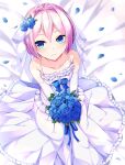  1girl blue_eyes blue_flower blue_rose blush bouquet buttons closed_mouth collarbone dress elbow_gloves flower gloves hair_between_eyes hikobae kantai_collection petals pink_hair ponytail rose rose_petals shiranui_(kancolle) short_hair solo wedding_dress white_dress white_gloves 