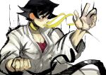  1girl absurdres breasts choker clenched_hand dougi english_commentary fighting_stance fingernails highres inkblot karate_gi lunydoobles makoto_(street_fighter) medium_breasts red_sports_bra ribbon ribbon_choker solo sports_bra street_fighter street_fighter_iv_(series) tomboy white_background yellow_choker yellow_ribbon 