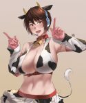  1girl :d animal_ears animal_print armpits artist_name bangs bare_shoulders bell breasts brown_eyes brown_hair cleavage collar collarbone cow_ears cow_horns cow_print cow_tail cowbell cowboy_shot dated_commentary detached_sleeves eyebrows_behind_hair fake_animal_ears fake_horns fake_tail gloves grey_background groin hair_between_eyes headset horns hunyan idolmaster idolmaster_cinderella_girls index_fingers_raised large_breasts looking_at_viewer midriff navel neck_bell oikawa_shizuku open_mouth pink_gloves red_collar short_hair sidelocks simple_background skirt smile solo standing tail underbust white_skirt 
