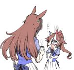  2girls animal_ears brown_hair cup high_ponytail horse_ears horse_girl long_hair lowres multicolored_hair multiple_girls pleated_skirt school_uniform skirt steam symboli_rudolf_(umamusume) takatsuki_nato tokai_teio_(umamusume) tracen_school_uniform translated two-tone_hair umamusume white_skirt 