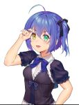  1girl :d absurdres ahoge alternate_costume bangs bh_zhu_baihe_hua black_bow black_shirt blue_bow blue_hair blue_nails blue_neckwear blush bow chuunibyou_demo_koi_ga_shitai! collared_shirt contact_lens dress eyebrows_visible_through_hair eyepatch eyepatch_lift frills green_eyes grey_background hair_bow hand_up heterochromia highres medical_eyepatch nail_polish one_side_up open_mouth puffy_short_sleeves puffy_sleeves shiny shiny_hair shirt short_hair short_sleeves smile solo takanashi_rikka upper_body white_background yellow_eyes 