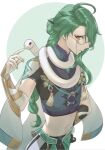  1boy ahoge baizhu_(genshin_impact) bracelet braid gem genshin_impact glasses green_hair hair_ornament hair_stick jewelry long_hair midriff navel one_eye_closed single_braid snake soeru_eru solo white_background yellow_eyes 