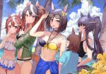  5girls air_groove_(umamusume) animal_ears arm_up bandaid bandaid_on_nose bandeau bangs bare_arms bare_shoulders beach bikini bikini_skirt black_bikini black_choker black_hair blue_eyes blue_shirt blush breasts brown_hair character_request choker cleavage closed_mouth cloud collarbone commentary_request cowboy_shot crossed_arms day eyebrows_visible_through_hair faceless faceless_female finger_to_mouth flower green_shirt hair_between_eyes halter_top halterneck horse_ears horse_girl horse_tail long_hair long_sleeves looking_at_another medium_breasts mismatched_bikini multicolored_hair multiple_girls narita_brian_(umamusume) navel open_clothes open_mouth open_shirt outdoors palm_tree ponytail purple_eyes sarong see-through shaka_(staito0515) shirt short_hair short_sleeves smile stomach streaked_hair swimsuit symboli_rudolf_(umamusume) tail tokai_teio_(umamusume) tree umamusume white_bikini white_hair yellow_eyes yellow_flower 