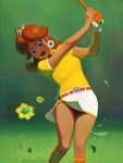  1girl blue_eyes brown_hair crimson_kaiserin crown dark-skinned_female dark_skin earrings eyelashes flower gloves golf_club grass highres jewelry leaf mario_(series) mario_golf mini_crown open_mouth orange_legwear princess_daisy shirt single_glove skirt solo tan thong white_shirt yellow_shirt 