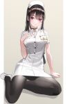  1girl bangs black_hair black_legwear blush breasts choker hat highres kfr long_hair looking_at_viewer name_tag nurse nurse_cap original pantyhose purple_eyes sitting smile solo yokozuwari 