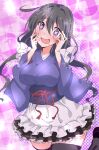  1girl black_hair black_legwear blush breasts highres japanese_clothes kimono kuuka_(princess_connect!) large_breasts long_hair open_mouth princess_connect! seryu_oekaki simple_background 