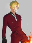  1boy belt belt_buckle blonde_hair buckle buttons cigarette collared_shirt diable_jambe embers facial_hair fire formal gloves goatee grey_background hair_over_one_eye highres jacket large_buttons long_sleeves male_focus necktie one_piece red_jacket sakaya_(ho_dokoshi) sanji shirt simple_background smoking solo suit white_necktie 