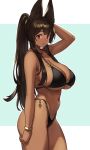  1girl animal_ears ankh anubis_(houtengeki) arm_at_side arm_up bangs bare_shoulders bikini black_bikini blush bracelet breasts brown_hair chain cleavage collarbone commentary_request cowboy_shot dark-skinned_female dark_skin from_side highleg highleg_bikini highres houtengeki jackal_ears jewelry large_breasts long_hair looking_at_viewer navel original ponytail red_eyes sidelocks simple_background solo swimsuit thighs very_long_hair 