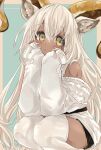  1girl :i an_fyhx animal_ear_fluff animal_ears arknights beeswax_(arknights) beeswax_(weisser_sand)_(arknights) black_shorts blush dark-skinned_female dark_skin dress elbow_rest feet_out_of_frame goat_ears goat_girl goat_horns hair_between_eyes hands_on_own_face head_rest highres horns long_hair looking_at_viewer off-shoulder_dress off_shoulder official_alternate_costume shorts solo squatting thighhighs white_dress white_hair white_legwear 