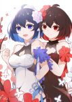  2girls antenna_hair bare_shoulders blue_butterfly blue_eyes blue_hair breasts bug butterfly closed_mouth dress dual_persona flower hair_between_eyes hair_flower hair_ornament honkai_(series) honkai_impact_3rd insect looking_at_viewer multiple_girls open_mouth qingxiao_kiyokiyo red_butterfly red_dress red_eyes red_flower red_hair seele_(alter_ego) seele_vollerei seele_vollerei_(stygian_nymph) short_hair simple_background smile white_background white_dress white_flower 