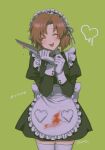  1girl apron bangs black_dress blood bloody_clothes blush bow brown_hair cowboy_shot dress eyebrows_visible_through_hair facing_viewer gloves green_background hands_up heart highres higurashi_no_naku_koro_ni holding knife long_sleeves maid maid_headdress noriuma ribbon ryuuguu_rena simple_background smile solo thighhighs tongue tongue_out translation_request twitter_username waist_apron white_bow white_gloves yandere 
