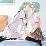  2girls absurdres aqua_hair bang_dream! black_legwear blue_neckwear blush bow brown_skirt closed_eyes commentary_request eyebrows_visible_through_hair hair_bow hand_on_another&#039;s_face hands_on_lap highres hikawa_hina hikawa_sayo imminent_kiss incest indoors kneehighs kneeling korean_commentary leaning_forward multiple_girls neckerchief on_bed parted_lips pillow plaid plaid_skirt pleated_skirt purple_shirt purple_skirt school_uniform serafuku shirt shirt_tucked_in short_braid short_hair short_sleeves siblings sisters sitting skirt twincest twins wariza white_shirt yellow_bow yuri zihacheol 