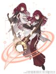  2girls angelic_alphabet apron cross-laced_clothes crossover devola full_body green_eyes high_heels highres holding holding_staff ji_no looking_at_viewer magic_circle multiple_girls official_art popola red_hair sinoalice smile square_enix staff white_background 
