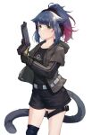 1girl animal_ears arknights bangs black_gloves black_shirt black_shorts blue_hair cat_ears cat_tail chinese_commentary commentary_request cowboy_shot gloves gradient_hair green_eyes grey_jacket gun handgun headphones highres holding holding_gun holding_weapon jacket jessica_(arknights) long_sleeves looking_at_viewer multicolored_hair nekonomi open_clothes open_jacket pistol purple_hair shirt short_hair shorts simple_background solo standing tail thigh_strap weapon white_background 