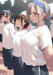  3girls aqua_eyes black_shorts breasts brown_hair closed_eyes closed_mouth grey_hair gym_uniform hair_ornament hairband hairclip jonsun looking_at_another medium_breasts multiple_girls original outdoors red_hairband short_hair shorts smile twitter_username 