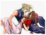  1boy 1girl aerith_gainsborough bangs blonde_hair blue_eyes blue_pants braid brown_hair cloud_strife commission dress final_fantasy final_fantasy_vii from_side green_eyes hair_ribbon highres holding_person long_hair looking_at_another looking_down looking_up pants parted_lips pink_ribbon ribbon sidelocks sleeveless spiked_hair tidus_fair_supertramp turtleneck white_background white_dress 