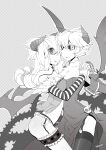  2girls bangs breast_press breasts cleavage colored_sclera commentary cowboy_shot demon_girl demon_wings detached_sleeves dress fur-trimmed_sleeves fur_trim garter_straps greyscale habit horns juliet_sleeves long_hair long_sleeves looking_at_viewer medium_breasts monochrome multiple_girls parted_lips priest_(ragnarok_online) puffy_sleeves ragnarok_online short_hair smile strapless strapless_dress striped_sleeves succubus_(ragnarok_online) symmetrical_docking taruk thighhighs wings yuri 