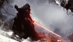  1boy absurdres black_gloves black_robe commentary energy_sword facing_viewer fog gloves hand_up helmet highres hood kalmahul kylo_ren lightsaber male_focus mask nature outdoors science_fiction shiny sith snow solo star_wars sword tree weapon 