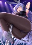  1girl absurdres animal_ears armpits arms_up ass azur_lane bangs bare_shoulders black_leotard blue_eyes blue_hair blush breasts brown_legwear bunny_ears fake_animal_ears high_heels highres large_breasts leotard long_hair looking_at_viewer melopun new_jersey_(azur_lane) new_jersey_(exhilarating_steps!)_(azur_lane) open_mouth pantyhose playboy_bunny pole_dancing smile solo stripper_pole thighs 