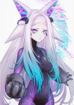  1girl absurdres animal_ears banefury black_gloves blue_eyes blue_hair bodysuit character_name covered_navel dyarikku_(vtuber) fox_ears fox_girl gloves gradient_hair highres indie_virtual_youtuber looking_at_viewer mechanical_ears multicolored multicolored_eyes multicolored_hair no_pupils pink_hair purple_bodysuit purple_eyes silver_hair solo virtual_youtuber 