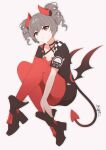  1girl black_jacket bronya_zaychik bronya_zaychik_(yamabuki_armor) closed_mouth demon_horns demon_tail demon_wings drill_hair full_body grey_eyes grey_hair halloween halloween_costume honkai_(series) honkai_impact_3rd horns jacket leggings looking_at_another qingxiao_kiyokiyo red_footwear red_legwear simple_background solo tail twin_drills white_background wings 