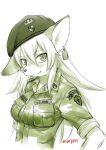  1girl beret blush breast_pocket breasts closed_mouth dog_tags ear_tag ebifly fang fang_out furry green_theme hair_between_eyes hat long_hair looking_at_viewer medium_breasts military_jacket monochrome original pocket short_sleeves simple_background smile solo twitter_username united_states_army upper_body white_background 