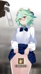  1girl 1other bare_legs blue_hair blue_neckwear blue_skirt blurry blurry_background blurry_foreground blush brooch censored chinese_commentary closed_mouth clothes_lift collared_shirt commentary_request convenient_censoring cowboy_shot embarrassed genshin_impact glasses green_hair hair_between_eyes highres jewelry lifted_by_self long_sleeves looking_at_viewer multicolored_hair neckerchief no_panties novelty_censor orange_eyes pleated_skirt pov qianhui semi-rimless_eyewear shirt shirt_tucked_in short_hair skirt skirt_lift solo_focus streaked_hair sucrose_(genshin_impact) test_tube under-rim_eyewear vision_(genshin_impact) white_headwear white_shirt 