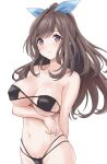  1girl bangs bare_shoulders bikini black_bikini blue_ribbon blush breasts brown_eyes brown_hair cleavage collarbone hair_ribbon highres idolmaster idolmaster_shiny_colors large_breasts long_hair looking_at_viewer navel ponytail ribbon smile solo swept_bangs swimsuit tamagomikan tsukioka_kogane 