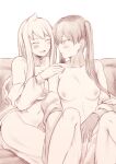  2girls bangs blush breasts closed_eyes collarbone facing_another gloves hand_on_another&#039;s_shoulder highres isadora_(library_of_ruina) julia_(library_of_ruina) large_breasts library_of_ruina long_hair looking_at_another medium_breasts mole mole_under_eye monochrome multiple_girls partially_undressed smile sweat tkh6 twintails yuri 