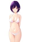  1girl ;) absurdres arms_behind_back bangs bare_shoulders bikini blush breasts cleavage closed_mouth collarbone cowboy_shot eyebrows_visible_through_hair highres looking_at_viewer marui_koishi medium_breasts navel one_eye_closed original pink_eyes purple_hair short_hair smile solo stomach swimsuit thigh_gap white_bikini 