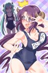  2girls anna_(princess_connect!) blush breasts demon_horns glasses highres horns large_breasts long_hair multiple_girls nanaka_(princess_connect!) princess_connect! purple_eyes purple_hair school_swimsuit seryu_oekaki simple_background swimsuit 