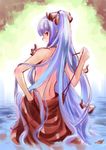  artist_request back bow from_behind fujiwara_no_mokou hair_bow long_hair naked_suspenders red_eyes silver_hair solo suspenders topless touhou undressing very_long_hair water 