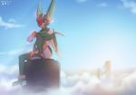  1boy android blue_sky cloud dated day gloves green_eyes green_legwear harpuia helmet highres knee_up looking_at_viewer male_focus outdoors red_eyes rockman rockman_zero signature sitting sky solo sword weapon white_gloves winged_helmet xia_siren 