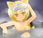  animal_ears artist_request bad_anatomy blonde_hair breasts nude onsen solo tail touhou towel wet yakumo_ran 