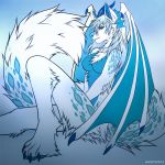  2019 4_toes angiewolf blue_eyes blue_nose breasts digital_media_(artwork) dragon felid female fluffy fur horn hybrid long_tail mammal nude pantherine sitting smile snow_leopard solo spots spotted_fur toes white_fur wings 