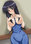  blue_hair blush breasts curvy dress large_breasts long_hair myself_yourself nipples no_bra open_clothes open_mouth open_shirt paopa_ship red_eyes shirt solo wide_hips yatsushiro_nanaka 