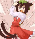  animal_ears bad_id bad_pixiv_id between_legs cat_ears cat_tail chen china_dress chinese_clothes dress earrings fang hat jewelry lowres multiple_tails oekaki pink_background red_dress ribbon seki_(red_shine) solo tail tail_between_legs touhou 