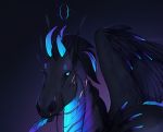  2019 ambiguous_gender arsauron black_feathers blue_eyes digital_media_(artwork) equine feathered_wings feathers horn mammal pegasus simple_background solo wings 