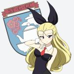  animal_ears arm_behind_head assam black_legwear black_leotard black_ribbon blonde_hair blue_eyes breasts bunny_ears bunnysuit cleavage closed_mouth commentary_request detached_collar emblem fake_animal_ears girls_und_panzer hair_pulled_back hair_ribbon hand_on_own_face highres ichinose_jun leotard light_blush long_hair looking_at_viewer medium_breasts necktie pantyhose partial_commentary red_neckwear ribbon smile smirk st._gloriana&#039;s_(emblem) standing strapless strapless_leotard upper_body white_background wing_collar wrist_cuffs 