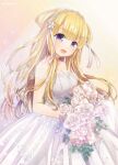  1girl blonde_hair bouquet breasts bridal_veil bride commission cowboy_shot double_bun dress fletcher_(kancolle) flower frills hair_ornament hair_ribbon kantai_collection large_breasts long_hair nagasioo open_mouth purple_eyes ribbon rose skeb_commission smile solo star_(symbol) star_hair_ornament twitter_username veil wedding_dress white_dress yellow_background 