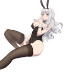  1girl absurdres animal_ears black_legwear black_leotard black_neckwear bow bowtie breasts bunny_ears cleavage detached_collar fake_animal_ears feet_out_of_frame highres idolmaster idolmaster_million_live! idolmaster_million_live!_theater_days large_breasts leotard long_hair looking_at_viewer playboy_bunny red_eyes shijou_takane silver_hair simple_background solo thighhighs tomid wavy_hair white_background wrist_cuffs 