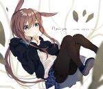  1girl amiya_(arknights) animal_ears arknights black_jacket black_legwear blue_footwear blue_skirt brown_hair bunny_ears character_name commentary_request dated eyebrows_visible_through_hair floating full_body grey_eyes hands_together hood hooded_jacket jacket light_blush long_hair looking_at_viewer multiple_rings nstlgie open_clothes open_jacket pantyhose parted_lips plaid plaid_skirt ribbed_sweater shoe_soles skirt solo sweater white_background white_sweater 