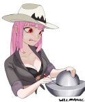  artist_name bangs bra breasts cleavage collarbone cowboy_hat demon_core freckles hat holding hololive hololive_english licking_lips long_hair looking_at_object mori_calliope pink_hair red_eyes shirt simple_background sleeves_rolled_up tied_shirt tongue tongue_out tools underwear virtual_youtuber white_background wllmagic 
